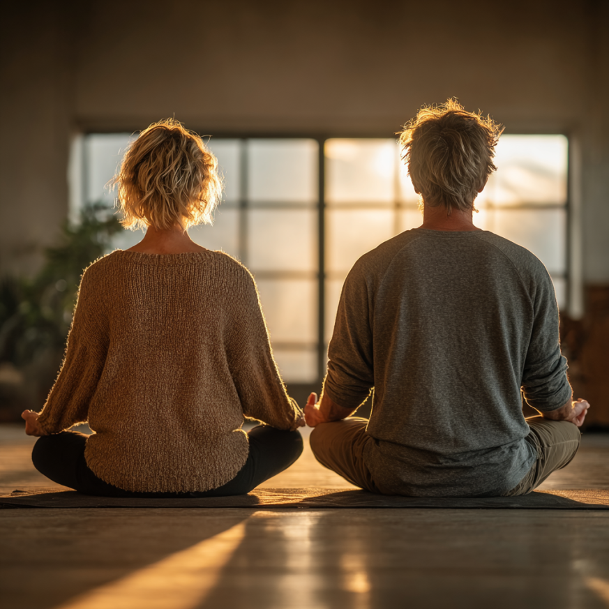 Seniori practicând yoga în aer liber